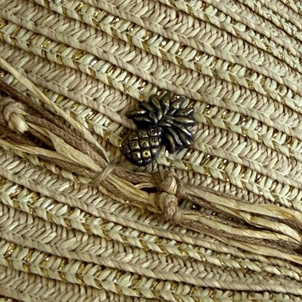Vintage Tommy Bahama Womens Floppy Straw Sun Hat Gold Metallic Beads Tan Rare‎